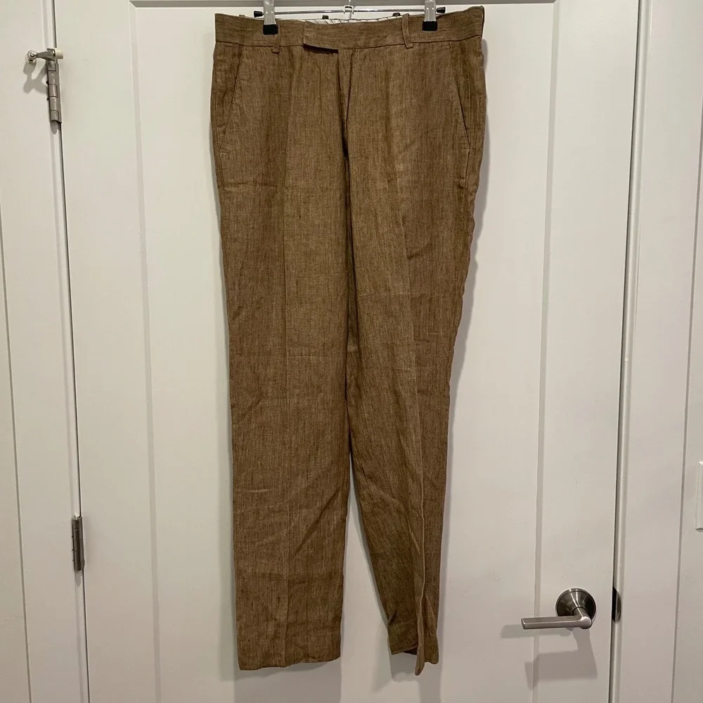 LinenKing Mens Brown 100% Linen Straight Leg Flat Front Trousers L1777448
